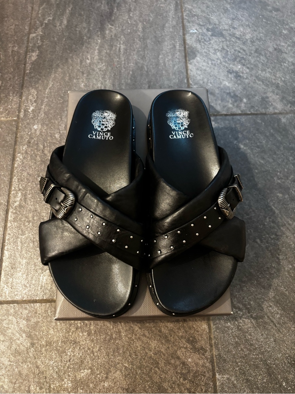 Vince Camuto Black Leather Cross-Strap Stud Slide Sandals